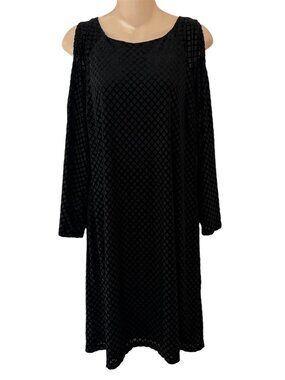 Chico’s Size 2 (Large) Black Cold Shoulder Dress Diamond Pattern Burnout Velvet